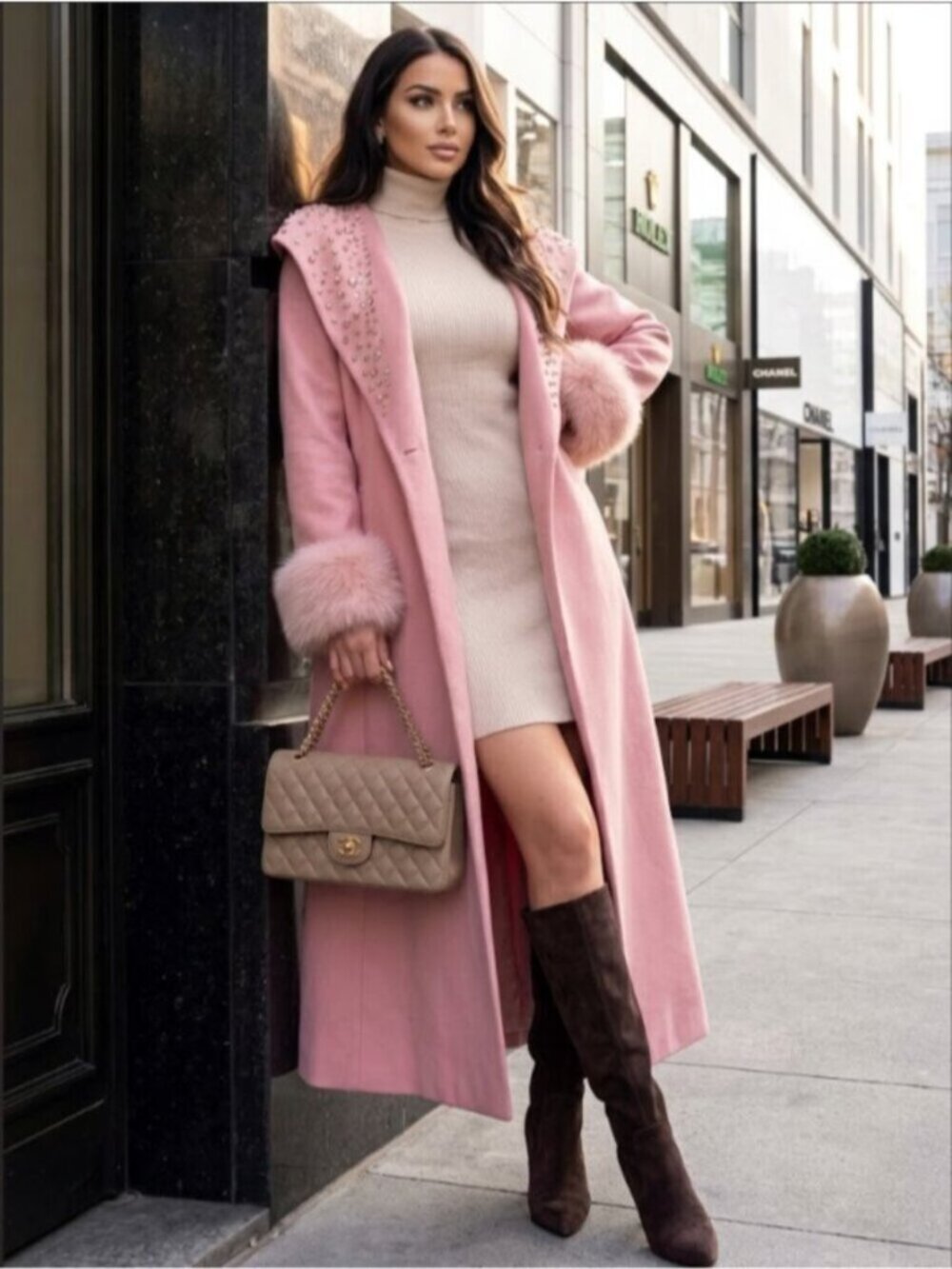 Blush Pink Faux Fur Trim Long Trench Coat Rhinestone Hooded Tie Belt Wrap Coat